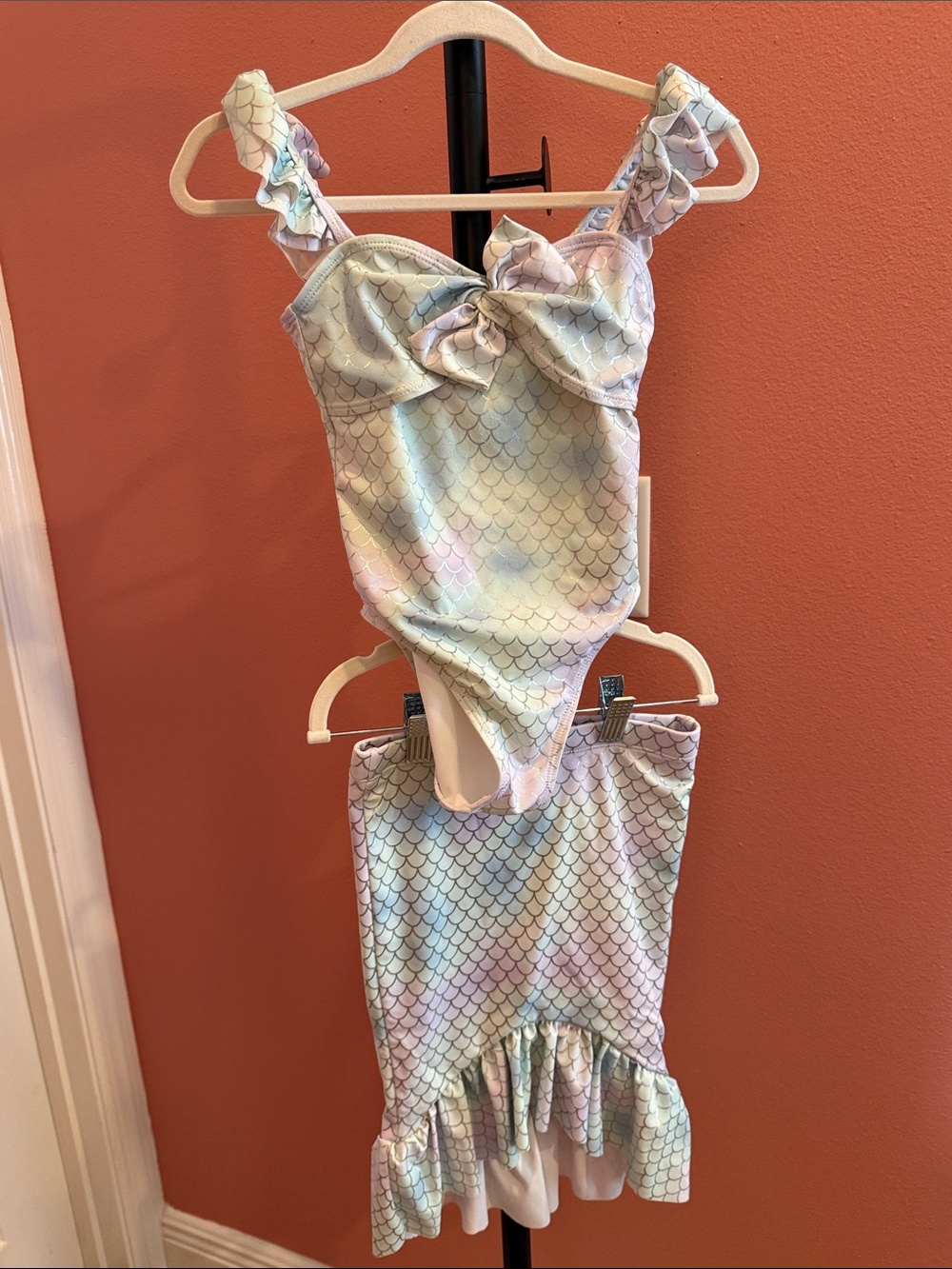 Janie and Jack Pastel Mermaid Scale One-Piece Swimsuit with tail cover up bottom
